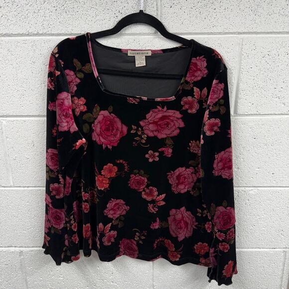 Y2K Notations Velvet Velour Dark Floral Top Size L Whimsigoth Grunge Bell Sleeve - Picture 1 of 10